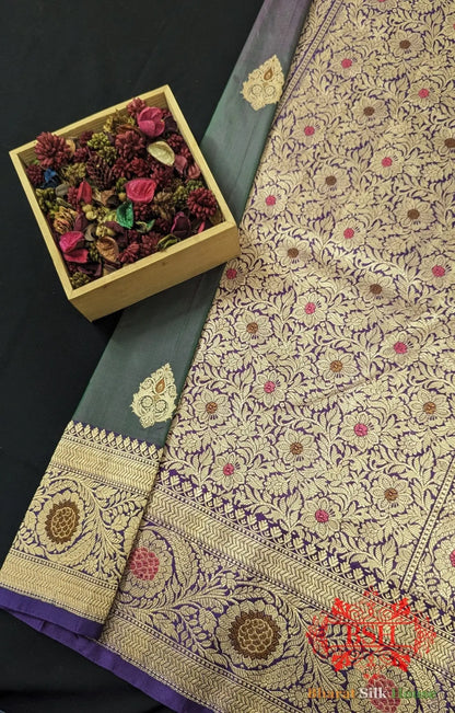Pure Banarasi Handloom Katan Silk Antique Zari Saree In Shades Of Green/Pink Cross Color - Bharat Silk House Pure Kataan Silk
