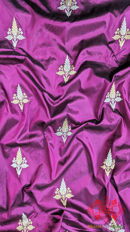 Pure Banarasi Handloom Katan Silk Antique Zari Saree In Shades Of Magenta - Bharat Silk House Pure Kataan Silk