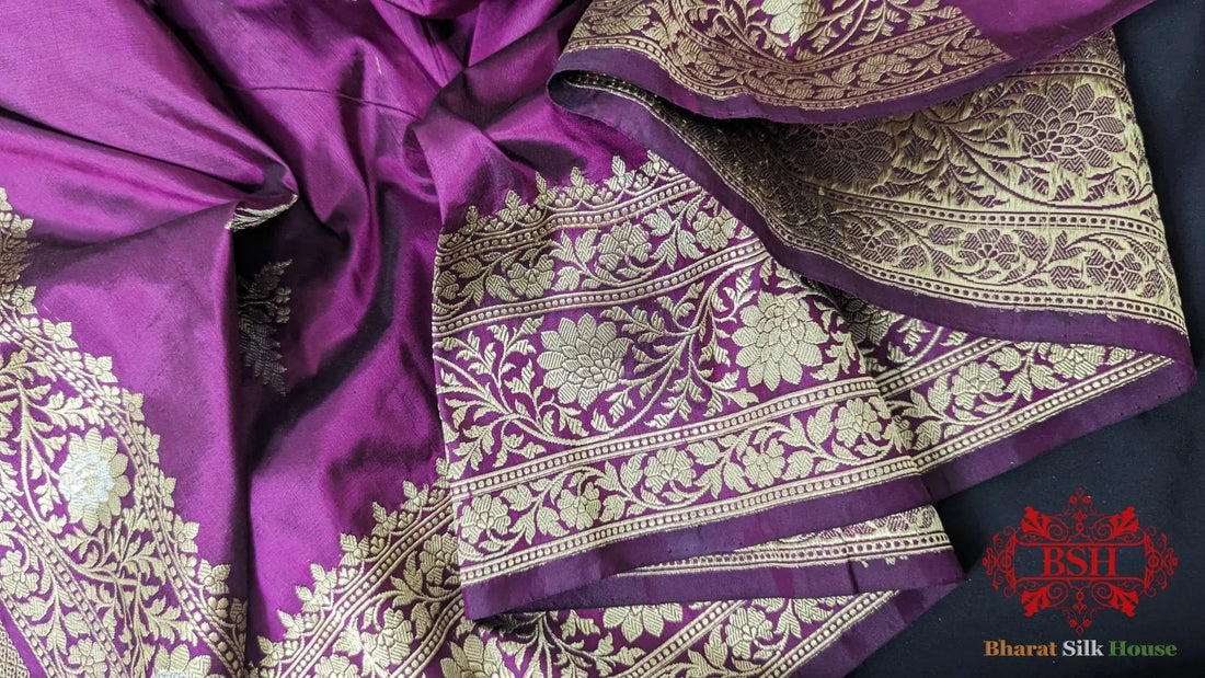 Pure Banarasi Handloom Katan Silk Antique Zari Saree In Shades Of Magenta - Bharat Silk House Pure Kataan Silk