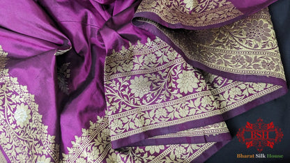 Pure Banarasi Handloom Katan Silk Antique Zari Saree In Shades Of Magenta - Bharat Silk House Pure Kataan Silk