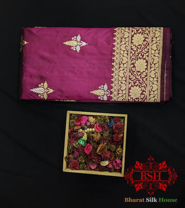 Pure Banarasi Handloom Katan Silk Antique Zari Saree In Shades Of Magenta - Bharat Silk House Pure Kataan Silk
