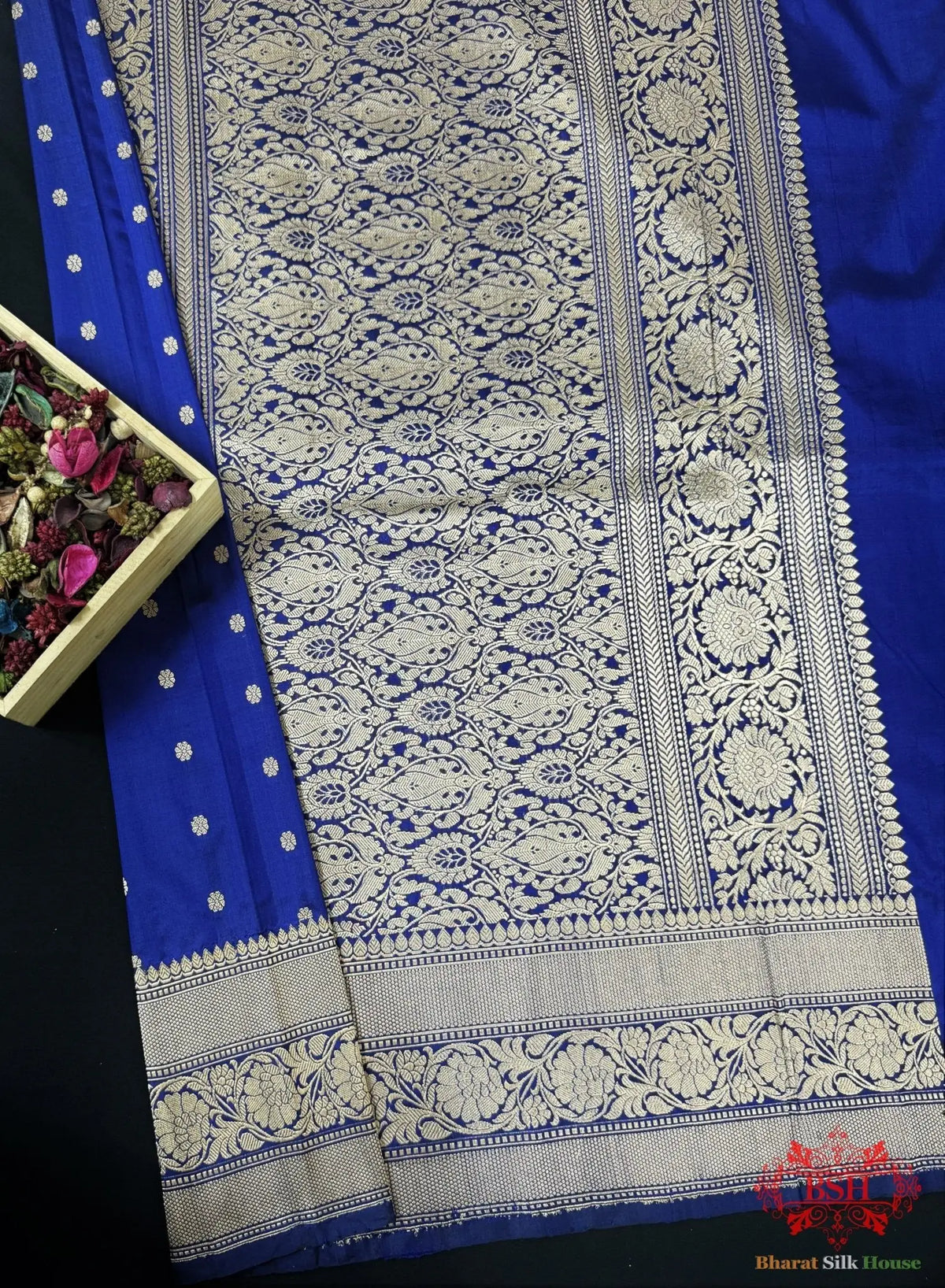 Pure Banarasi Handloom Katan Silk Antique Zari Saree In Shades Of Navy Blue - Bharat Silk House Pure Kataan Silk
