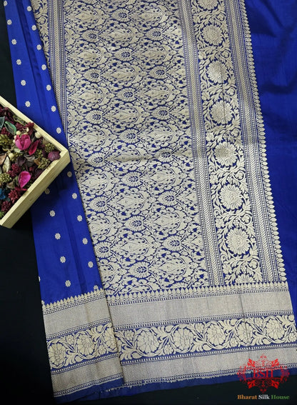 Pure Banarasi Handloom Katan Silk Antique Zari Saree In Shades Of Navy Blue - Bharat Silk House Pure Kataan Silk