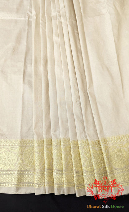 Pure Banarasi Handloom Katan Silk Antique Zari Saree In Shades Of Off White - Bharat Silk House