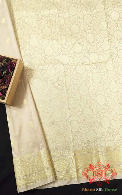 Pure Banarasi Handloom Katan Silk Antique Zari Saree In Shades Of Off White - Bharat Silk House