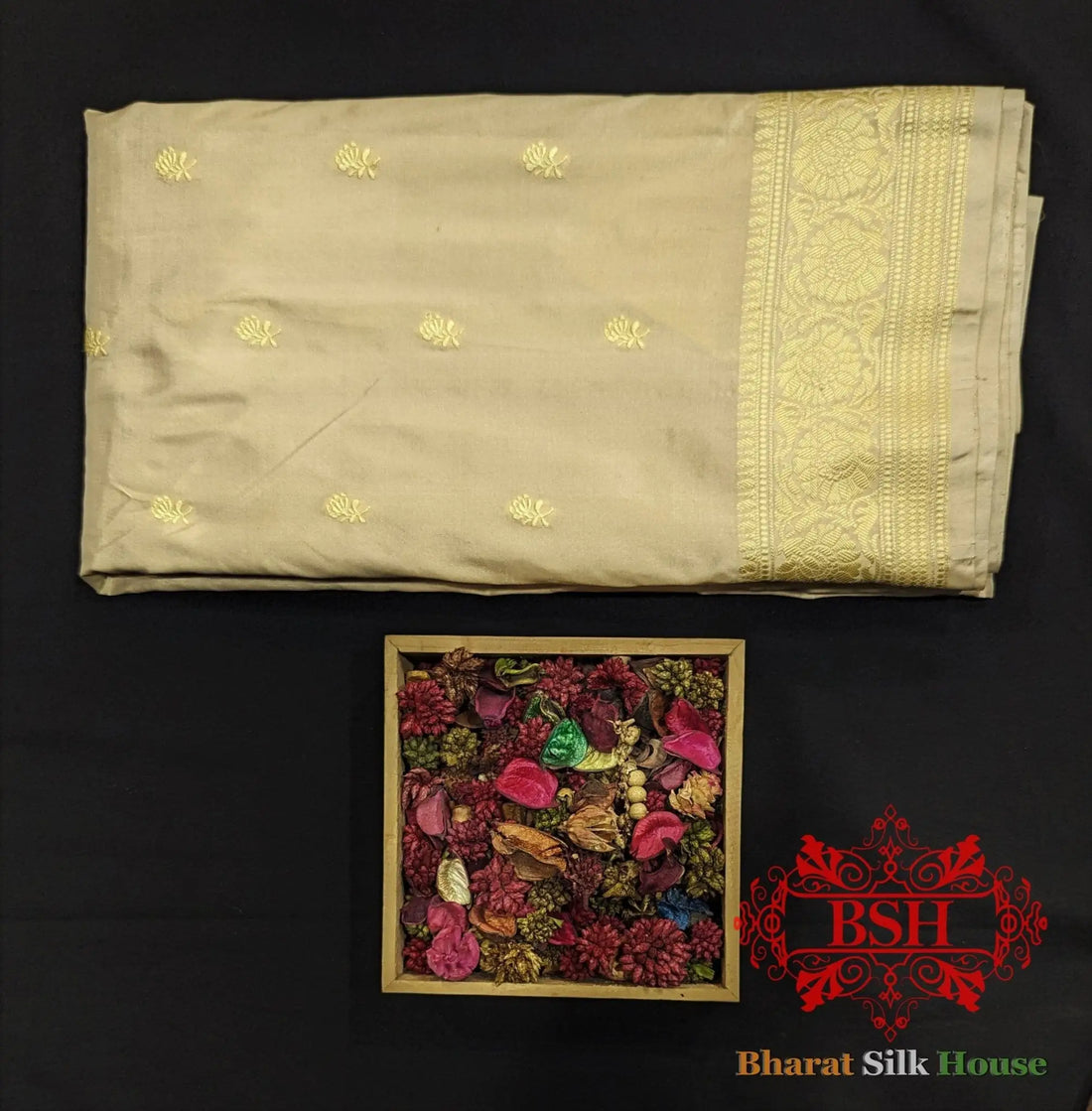 Pure Banarasi Handloom Katan Silk Antique Zari Saree In Shades Of Off White - Bharat Silk House Pure Kataan Silk