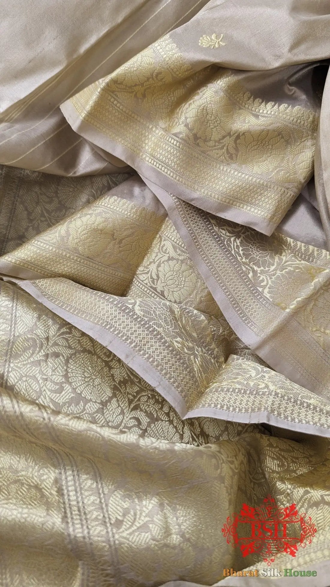 Pure Banarasi Handloom Katan Silk Antique Zari Saree In Shades Of Off White - Bharat Silk House Pure Kataan Silk