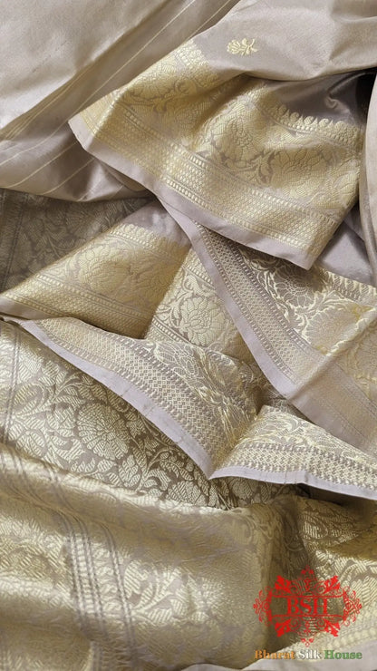 Pure Banarasi Handloom Katan Silk Antique Zari Saree In Shades Of Off White - Bharat Silk House Pure Kataan Silk