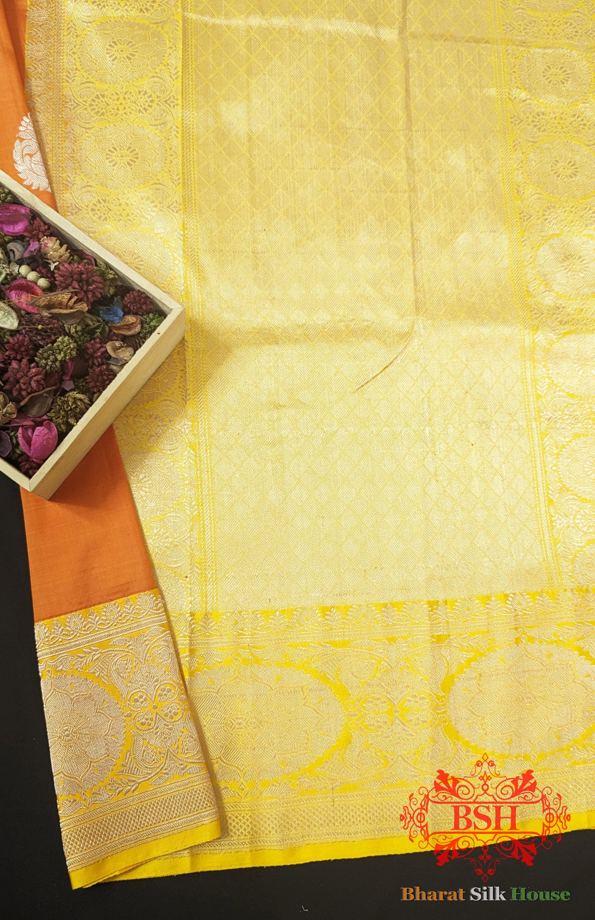 Pure Banarasi Handloom Katan Silk Antique Zari Saree In Shades Of Orange - Bharat Silk House