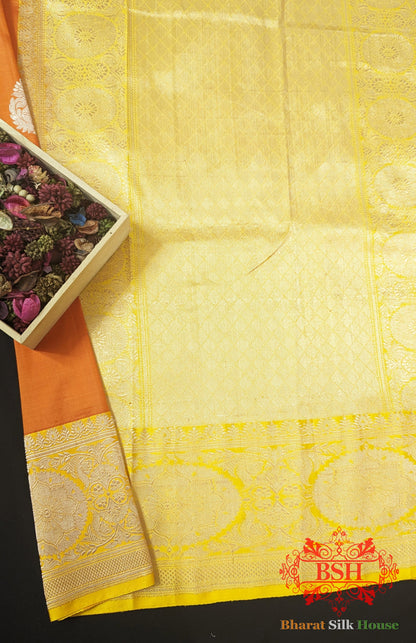 Pure Banarasi Handloom Katan Silk Antique Zari Saree In Shades Of Orange - Bharat Silk House