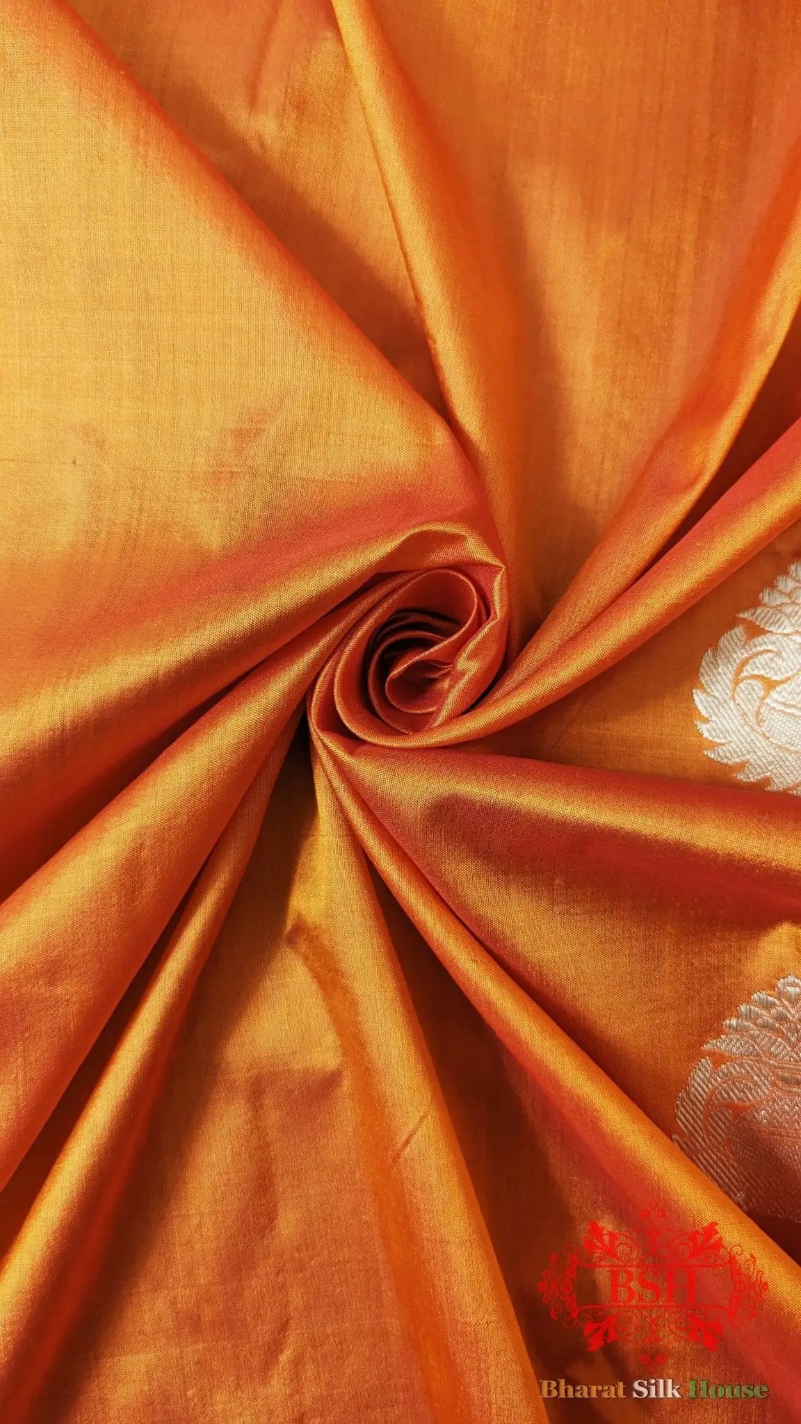 Pure Banarasi Handloom Katan Silk Antique Zari Saree In Shades Of Orange - Bharat Silk House Pure Kataan Silk