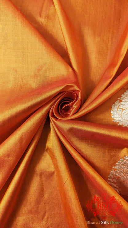 Pure Banarasi Handloom Katan Silk Antique Zari Saree In Shades Of Orange - Bharat Silk House Pure Kataan Silk