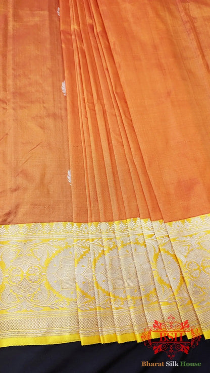 Pure Banarasi Handloom Katan Silk Antique Zari Saree In Shades Of Orange - Bharat Silk House Pure Kataan Silk