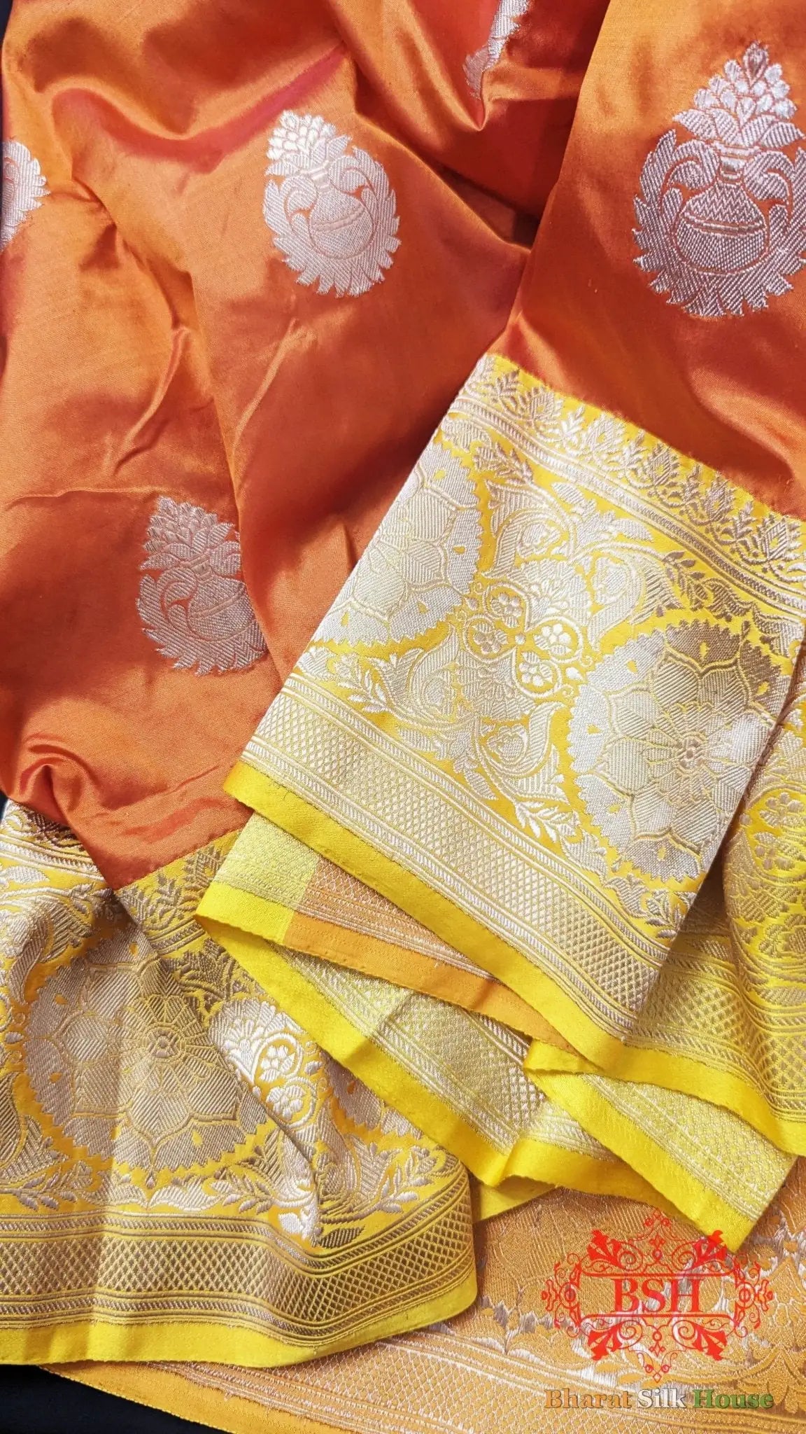 Pure Banarasi Handloom Katan Silk Antique Zari Saree In Shades Of Orange - Bharat Silk House Pure Kataan Silk