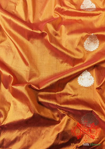 Pure Banarasi Handloom Katan Silk Antique Zari Saree In Shades Of Orange - Bharat Silk House Pure Kataan Silk