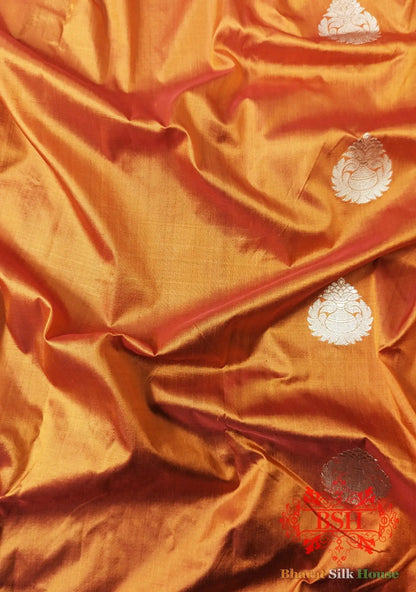 Pure Banarasi Handloom Katan Silk Antique Zari Saree In Shades Of Orange - Bharat Silk House Pure Kataan Silk