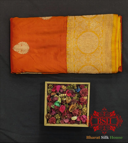 Pure Banarasi Handloom Katan Silk Antique Zari Saree In Shades Of Orange - Bharat Silk House Pure Kataan Silk