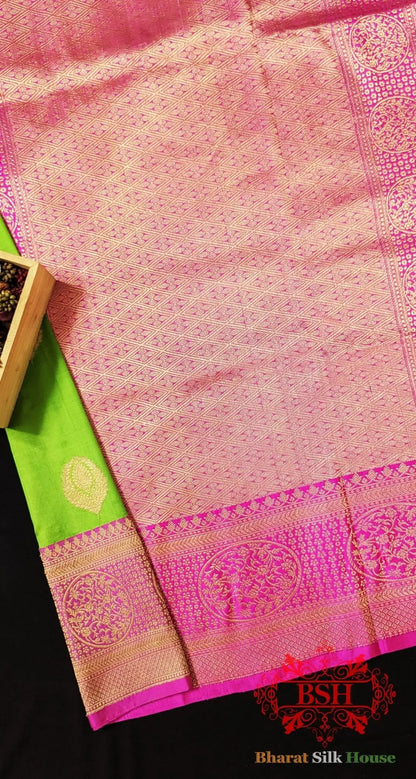 Pure Banarasi Handloom Katan Silk Antique Zari Saree In Shades Of Parrot Green - Bharat Silk House Pure Kataan Silk