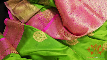 Pure Banarasi Handloom Katan Silk Antique Zari Saree In Shades Of Parrot Green - Bharat Silk House Pure Kataan Silk