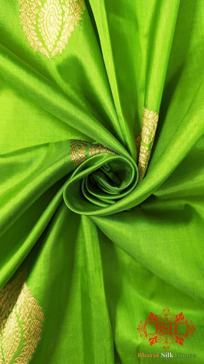 Pure Banarasi Handloom Katan Silk Antique Zari Saree In Shades Of Parrot Green - Bharat Silk House Pure Kataan Silk