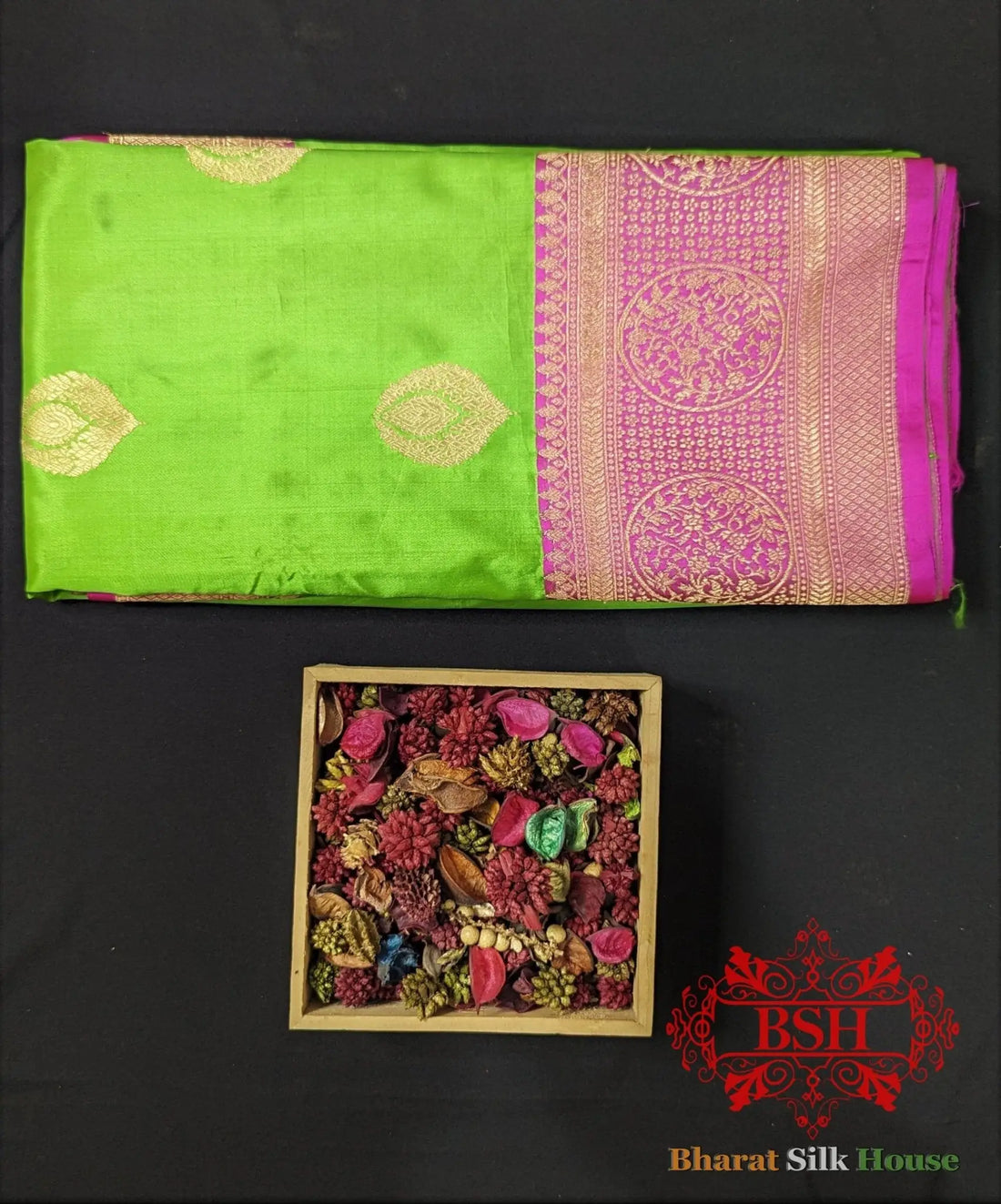 Pure Banarasi Handloom Katan Silk Antique Zari Saree In Shades Of Parrot Green - Bharat Silk House Pure Kataan Silk