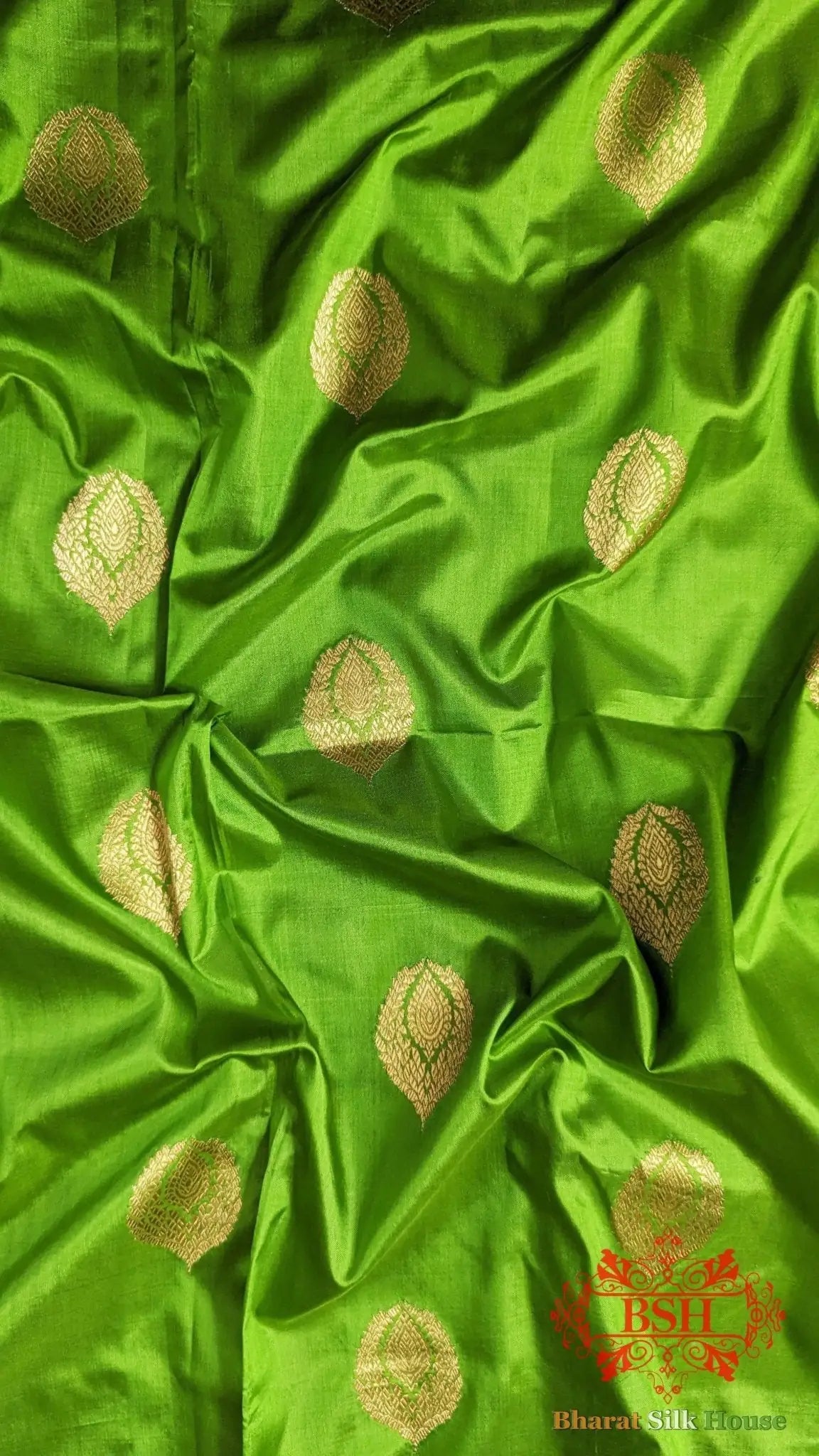 Pure Banarasi Handloom Katan Silk Antique Zari Saree In Shades Of Parrot Green - Bharat Silk House Pure Kataan Silk