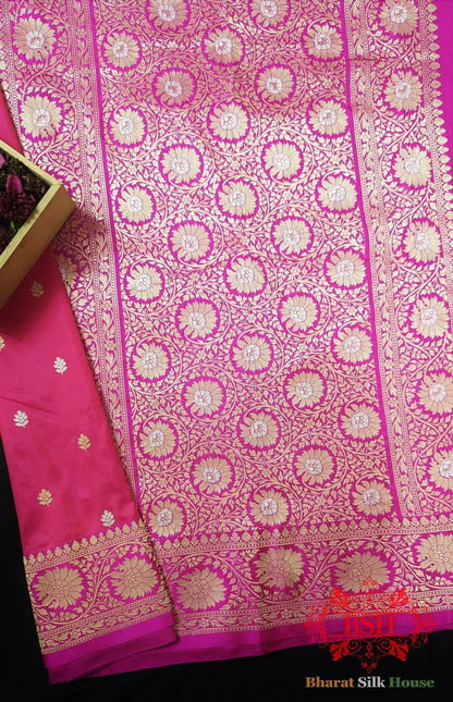 Pure Banarasi Handloom Katan Silk Antique Zari Saree In Shades Of Pink - Bharat Silk House Pure Kataan Silk