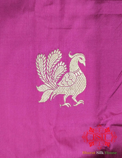 Pure Banarasi Handloom Katan Silk Antique Zari Saree In Shades Of Pink/Royal - Bharat Silk House Pure Kataan Silk