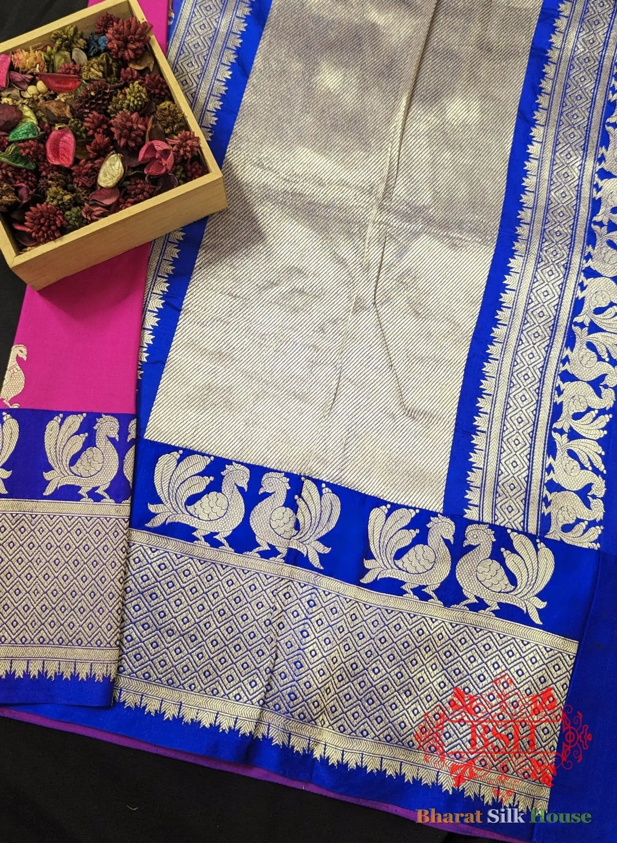 Pure Banarasi Handloom Katan Silk Antique Zari Saree In Shades Of Pink/Royal - Bharat Silk House Pure Kataan Silk