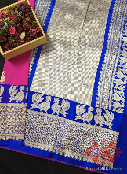 Pure Banarasi Handloom Katan Silk Antique Zari Saree In Shades Of Pink/Royal - Bharat Silk House Pure Kataan Silk