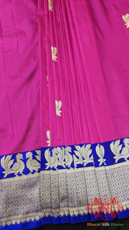 Pure Banarasi Handloom Katan Silk Antique Zari Saree In Shades Of Pink/Royal - Bharat Silk House Pure Kataan Silk