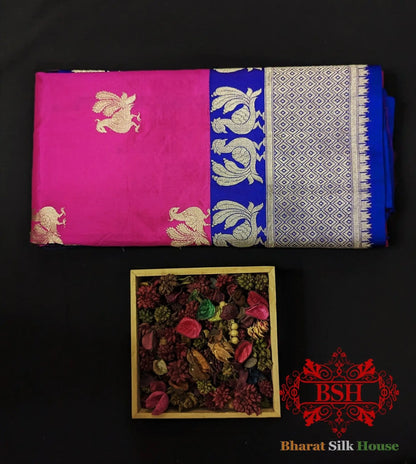Pure Banarasi Handloom Katan Silk Antique Zari Saree In Shades Of Pink/Royal - Bharat Silk House Pure Kataan Silk