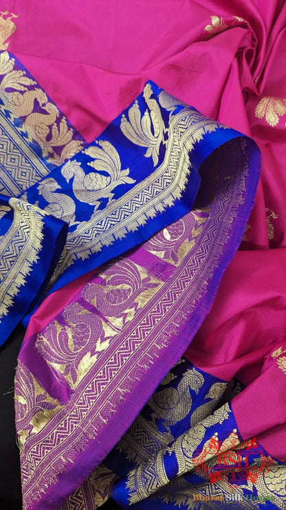 Pure Banarasi Handloom Katan Silk Antique Zari Saree In Shades Of Pink/Royal - Bharat Silk House Pure Kataan Silk