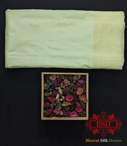 Pure Banarasi Handloom Katan Silk Antique Zari Saree In Shades Of Pista - Bharat Silk House Pure Kataan Silk