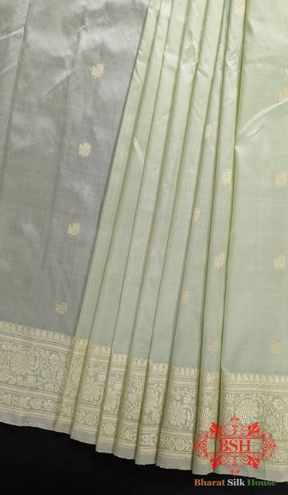 Pure Banarasi Handloom Katan Silk Antique Zari Saree In Shades Of Pista - Bharat Silk House Pure Kataan Silk