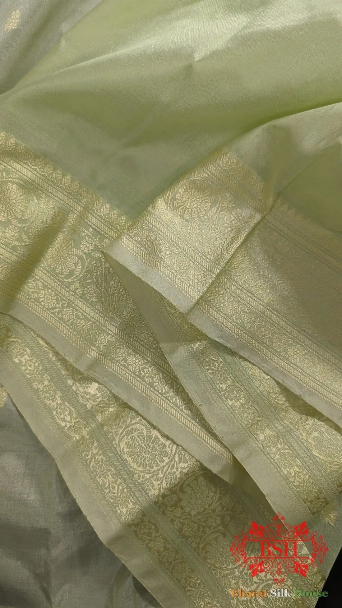 Pure Banarasi Handloom Katan Silk Antique Zari Saree In Shades Of Pista - Bharat Silk House Pure Kataan Silk