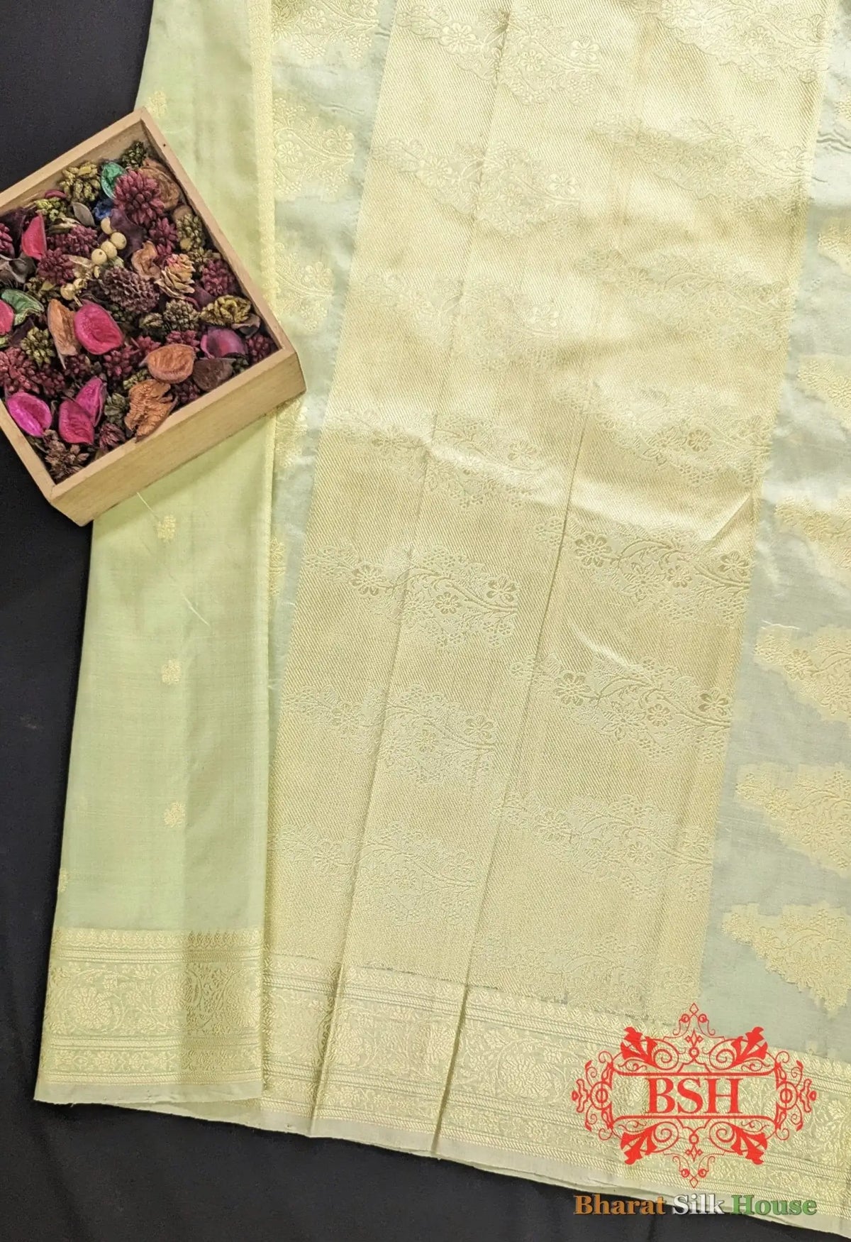 Pure Banarasi Handloom Katan Silk Antique Zari Saree In Shades Of Pista - Bharat Silk House Pure Kataan Silk