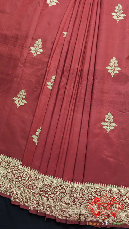Pure Banarasi Handloom Katan Silk Antique Zari Saree In Shades Of Red - Bharat Silk House Pure Kataan Silk