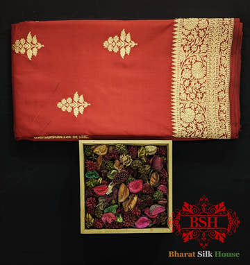 Pure Banarasi Handloom Katan Silk Antique Zari Saree In Shades Of Red - Bharat Silk House Pure Kataan Silk