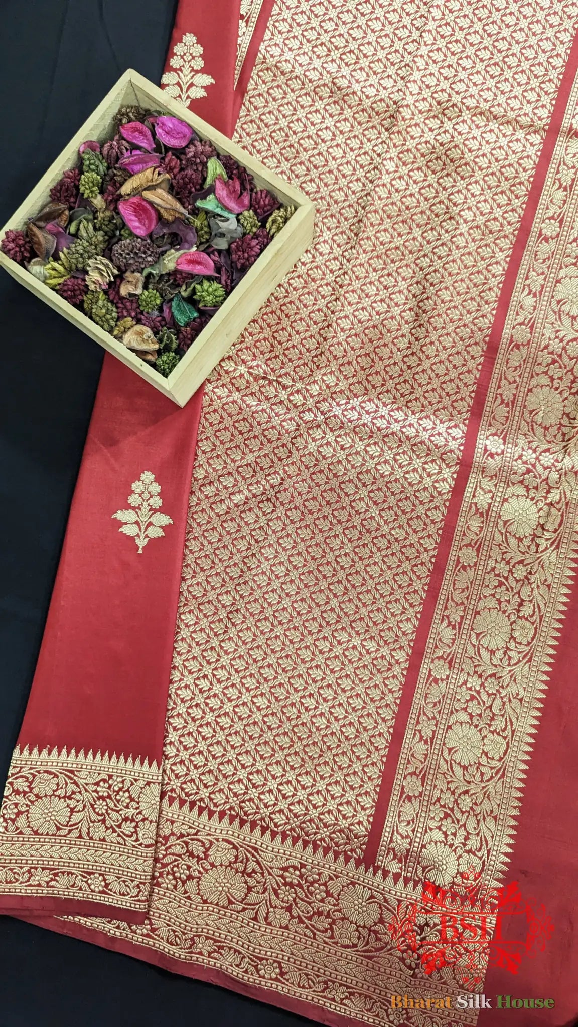Pure Banarasi Handloom Katan Silk Antique Zari Saree In Shades Of Red - Bharat Silk House Pure Kataan Silk