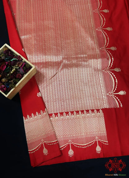 Pure Banarasi Handloom Katan Silk Antique Zari Saree In Shades Of Red - Bharat Silk House Pure Kataan Silk