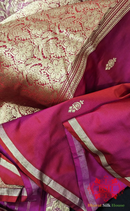 Pure Banarasi Handloom Katan Silk Antique Zari Saree In Shades Of Red - Bharat Silk House Pure Kataan Silk