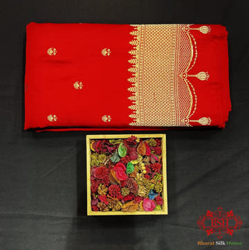 Pure Banarasi Handloom Katan Silk Antique Zari Saree In Shades Of Red - Bharat Silk House Pure Kataan Silk