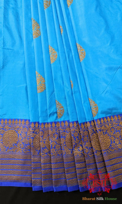 Pure Banarasi Handloom Katan Silk Antique Zari Saree In Shades Of Royal Blue - Bharat Silk House Pure Kataan Silk