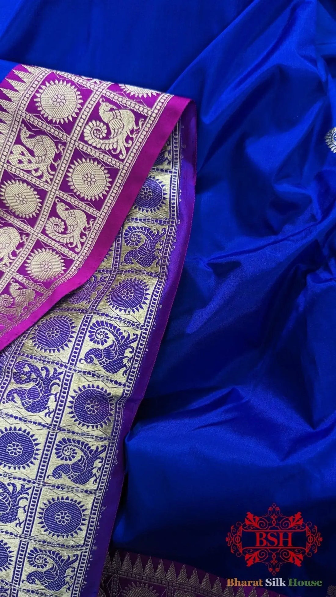 Pure Banarasi Handloom Katan Silk Antique Zari Saree In Shades Of Royal Blue - Bharat Silk House Pure Kataan Silk