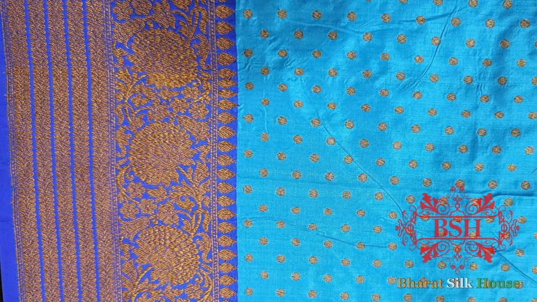 Pure Banarasi Handloom Katan Silk Antique Zari Saree In Shades Of Royal Blue - Bharat Silk House Pure Kataan Silk
