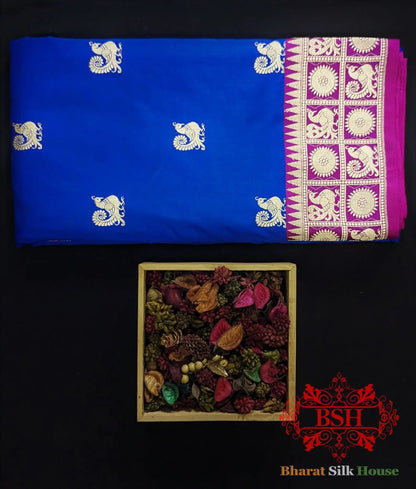 Pure Banarasi Handloom Katan Silk Antique Zari Saree In Shades Of Royal Blue - Bharat Silk House Pure Kataan Silk