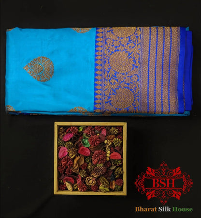 Pure Banarasi Handloom Katan Silk Antique Zari Saree In Shades Of Royal Blue - Bharat Silk House Pure Kataan Silk