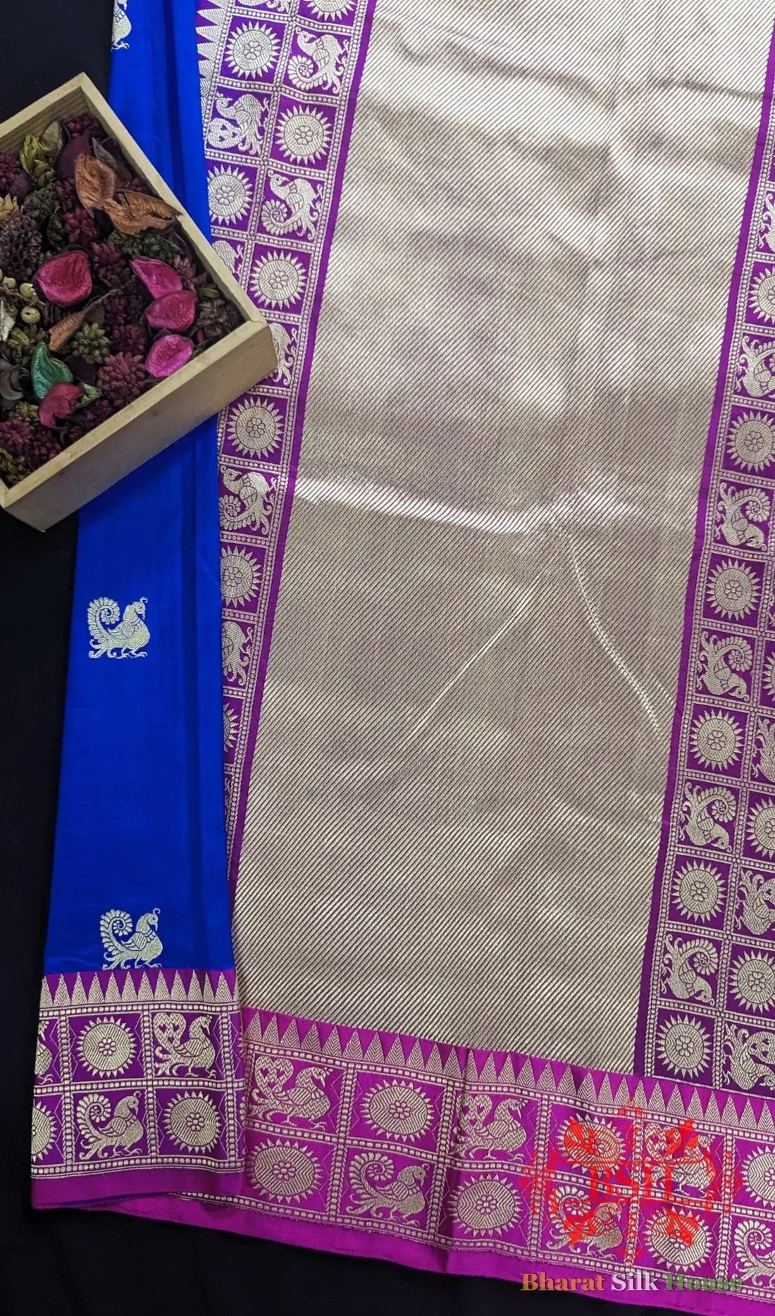 Pure Banarasi Handloom Katan Silk Antique Zari Saree In Shades Of Royal Blue - Bharat Silk House Pure Kataan Silk