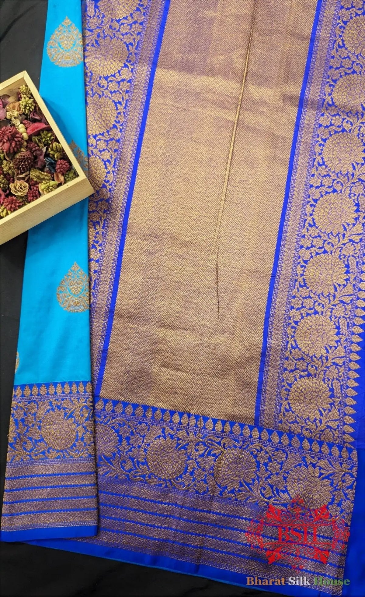 Pure Banarasi Handloom Katan Silk Antique Zari Saree In Shades Of Royal Blue - Bharat Silk House Pure Kataan Silk
